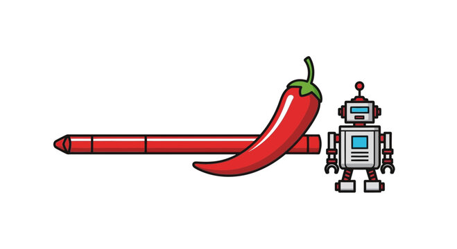 Digital Performance Intensity Gauge with Spicy Chili and Adorable Robot Mascot Illustrating Modern