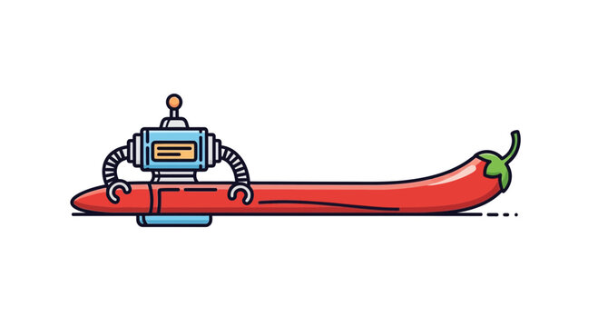 A whimsical illustration depicting a futuristic robot firmly grasping a long vibrant red chili