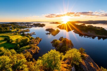 Obraz premium Stunning Sunrise Over Scandinavian Archipelago with Calm Waters and Lush Greenery