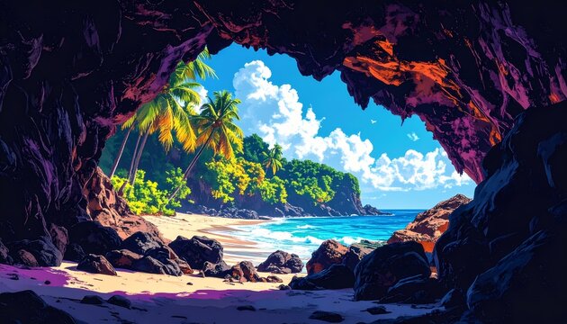 Vibrant Tropical Beach View from Inside a Dark Coastal Cave