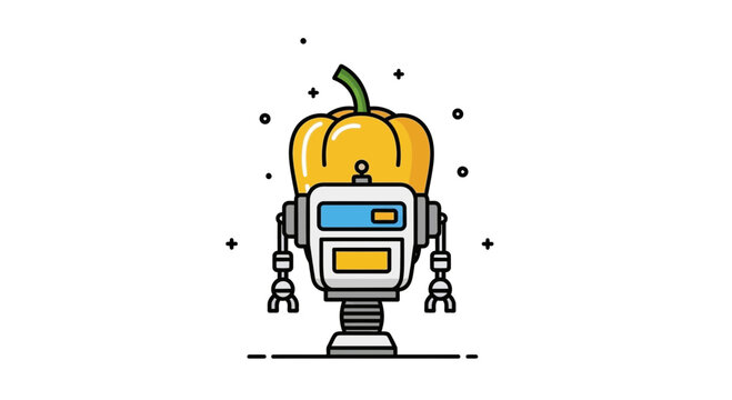 Innovative robotic design featuring a vibrant yellow bell pepper for a head, blending technology