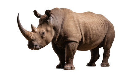 Obraz premium Grey rhinoceros with a large horn and thick wrinkled skin, isolated on transparent background for wildlife
