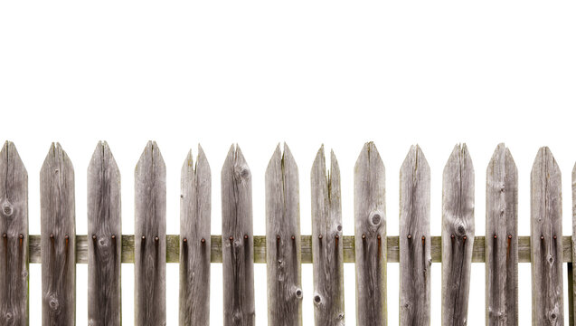Weathered rustic wooden picket fence featuring aged grey planks and visible grain, isolated on transparent background for property boundary concepts