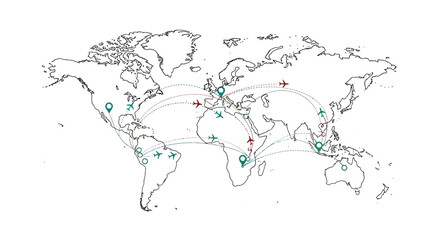 Global Travel Routes and Destinations Map with Airplanes and Pins © Ani