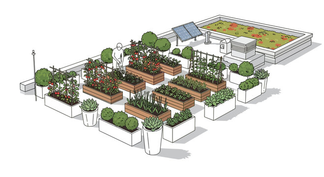Urban Rooftop Garden with Raised Beds, Solar Panels, and Green Roof