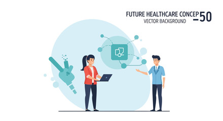 Naklejka premium Future Healthcare Technology: Doctors and Patients with Digital Network and Laptop