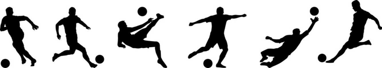 Playing football icon png Soccer players, group of footballers. Set of isolated silhouettes player playing football silhouette Soccer player dribbling – dynamic football action poses, bold set © Jhon
