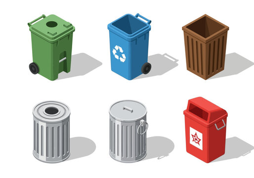 Collection of different types of waste bins and recycling containers for garbage disposal