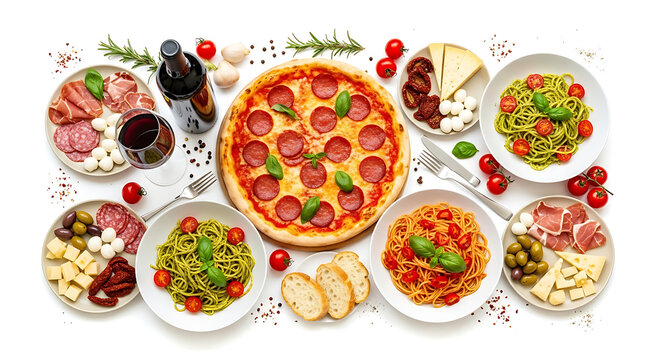Italian food table with pasta pizza and wine isolated on white background
