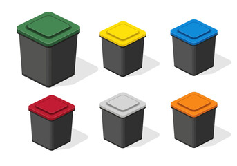 Fototapeta premium Set of Six Isometric Garbage Bins with Different Colored Lids for Waste Sorting and Recycling