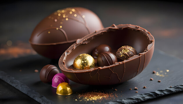Chocolate easter eggs with truffles on a slate, perfect for easterthemed social media posts, food blogs, or holiday marketing campaigns.