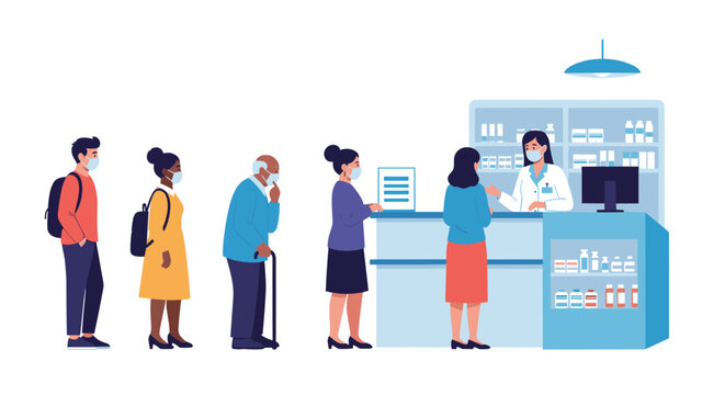 Line of people wearing face masks waiting at a pharmacy counter to get their medical prescriptions from a pharmacist.