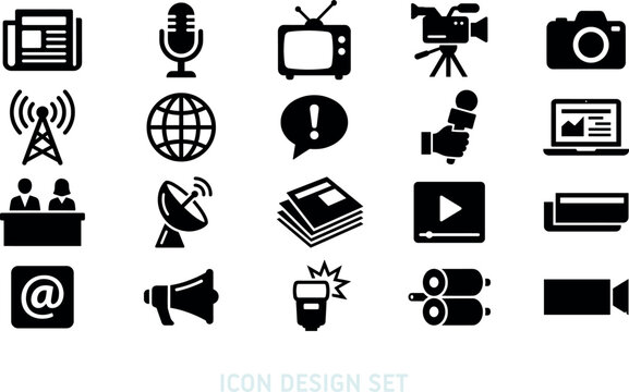 Icon set of solid news and broadcasting symbols. Includes glyph icons for microphone, video camera, newspaper, and satellite. Professional black flat media graphics vector design.