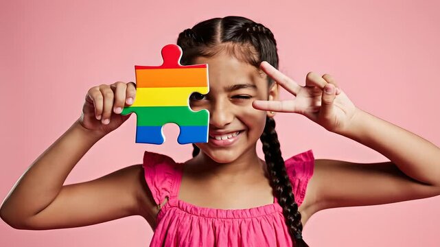 Happy girl holds rainbow puzzle piece over eye, symbolizing autism awareness, diversity and inclusion, mental health acceptance, child empowerment concept
