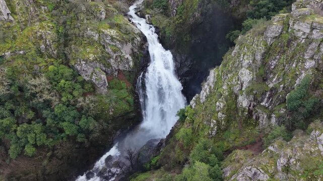 Toxa Waterfall At Daytime In Quint&aacute;s, Silleda, Spain - Drone Shot