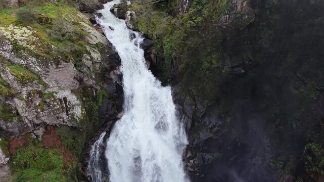 Toxa Waterfall In Quint&aacute;s, Silleda, Spain - Drone Shot