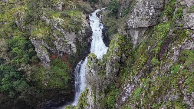 Beautiful Toxa Waterfall In Quint&aacute;s, Silleda, Spain - Drone Shot