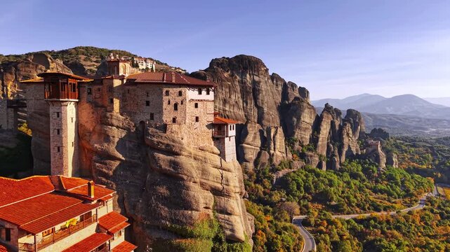 Scenic view of Meteora in Greece featuring the Holy Monastery of Varlaam perched on towering rock cliffs above a lush valley, with dramatic mountains and historic architecture in warm sunlight.