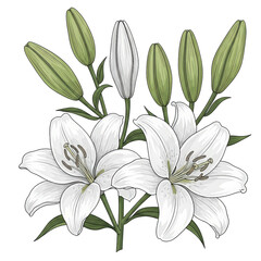Obraz premium Elegant White Lily Flowers with Green Stems and Buds on a Transparent Background