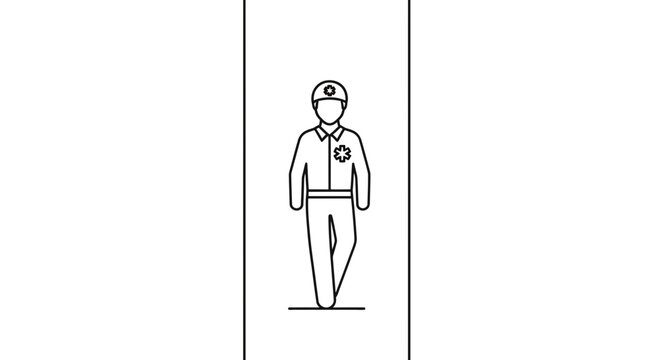 Graphic line art icon of an emergency medical services worker in uniform, depicting healthcare and