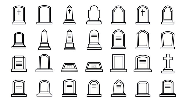 Collection of Various Tombstone and Gravestone Icons, Vector Illustration