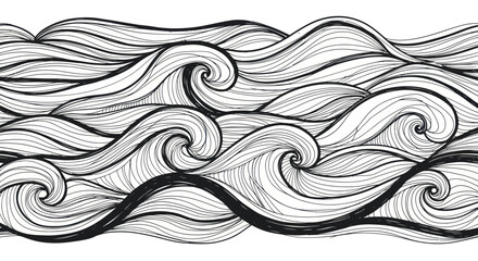 Fototapeta premium Abstract Black and White Wavy Lines Pattern, Hand Drawn Ocean Waves