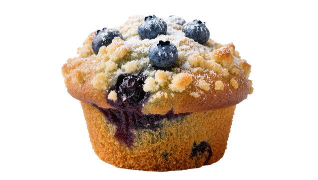 Golden-brown blueberry muffin with sweet streusel and fresh berries, isolated on transparent background for menus