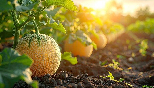 A serene melon field at sunset with lush greenery