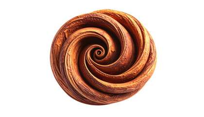 Wood carved spiral sculpture with textured surface on dark background art form