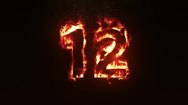Burning Fire Number 12. Fire Digit Animation. Fiery Number