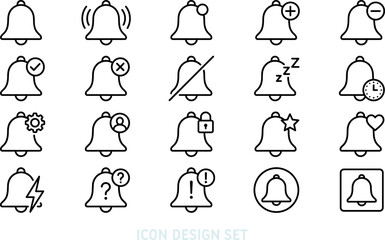 Obraz premium Icon set of outline notification bell and alert system symbols. Featuring linear alarm, snooze, reminder, and setting icons. Minimalist thin line notification graphics vector design.