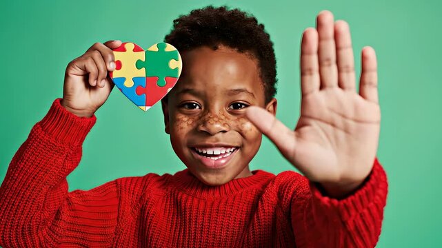 Child holding autism heart puzzle piece, waving hand greeting, neurodivergence awareness concept, mental health inclusion symbol
