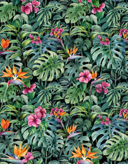 Obraz premium Vibrant Tropical Jungle Watercolor Painting With Dense Exotic Flowers And Lush Green Foliage