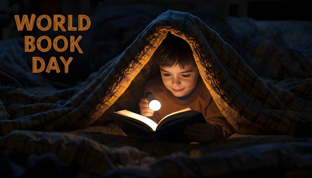 A young child reads a book under a blanket with a flashlight on World Book Day