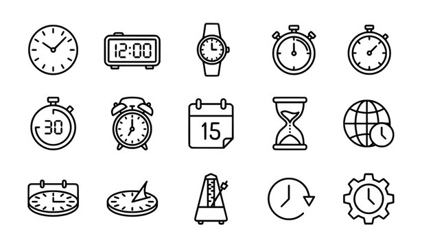 Minimal line time and clock icons set with calendar watch timer and date symbols in clean outline vector style