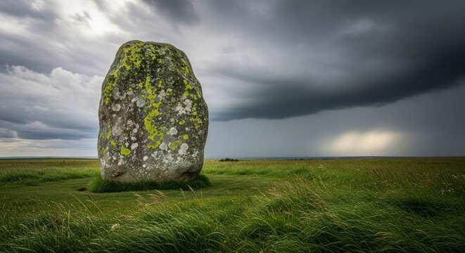 Large moss covered stone monument.