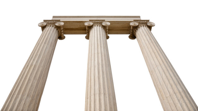 Three classical Ionic columns with fluted shafts and volute capitals isolated on transparent background, for design