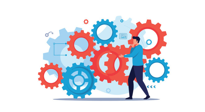 Concept of problem solving and teamwork showing a man standing in front of a complex system of interlocking gears.