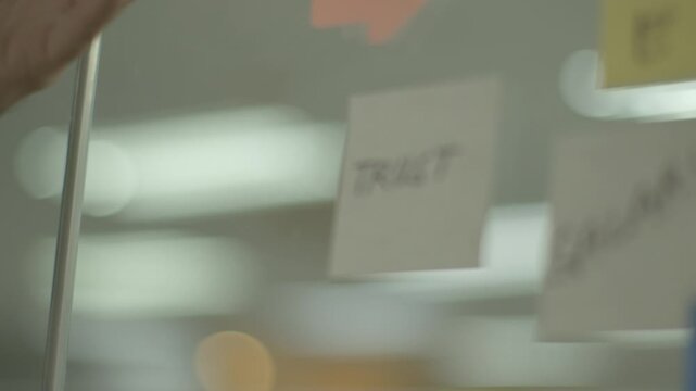 Slow Motion Of Organizational Values Planning Workshop With Sticky Notes