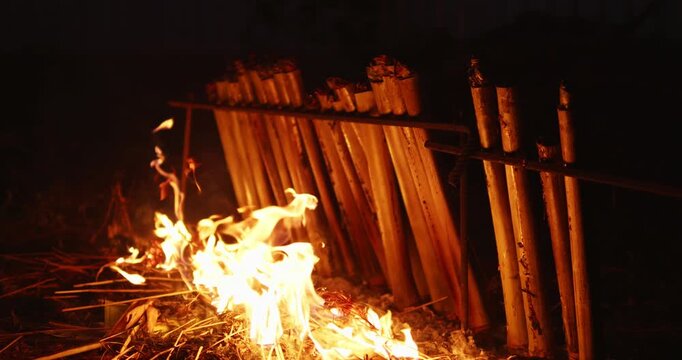 Cooking sticky rice in bamboo khao lam traditional fire method outdoor nighttime cultural cuisine