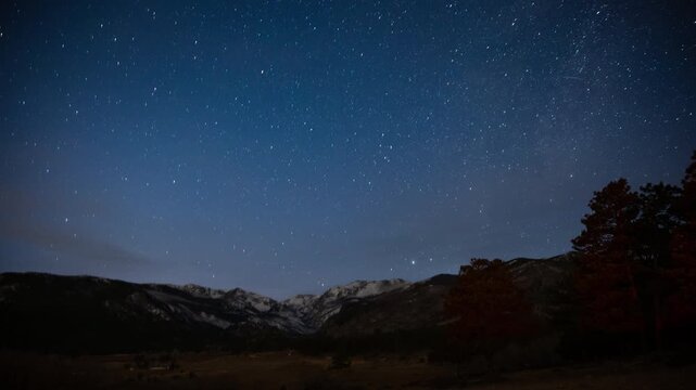 The Milky Way over Rocky Mountain National Park, starry sky with planes and satellites, time lapse
