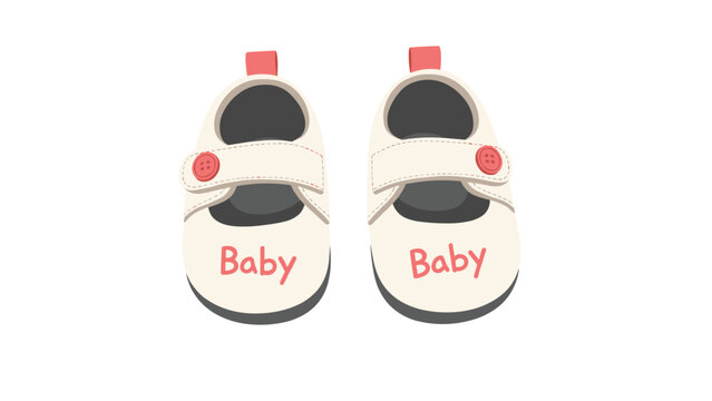 Pair of cute white baby shoes with pink straps and the word baby printed on them for newborn infants and young toddlers.