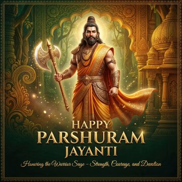 Warrior sage Lord Parshuram in traditional attire holding a battle axe stands majestically within an ornate temple archway surrounded by mystical light and lush greenery celebrating his birth