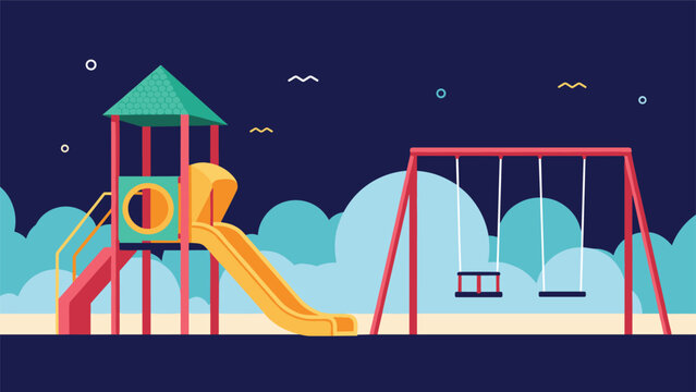 Deserted children playground at night featuring a yellow slide and a swing set under a dark blue sky with abstract shapes.