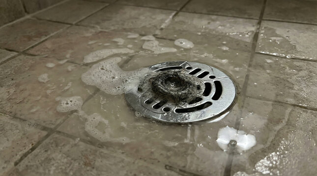 A drain is clogged with hair and soap scum