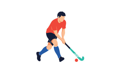 Fototapeta premium Active male athlete playing field hockey while dressed in a red jersey and blue socks, swinging his stick at a ball.