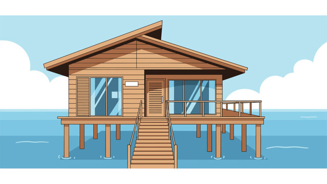 Peaceful wooden bungalow built on stilts over calm blue ocean waters with clouds on the horizon under a clear sky.