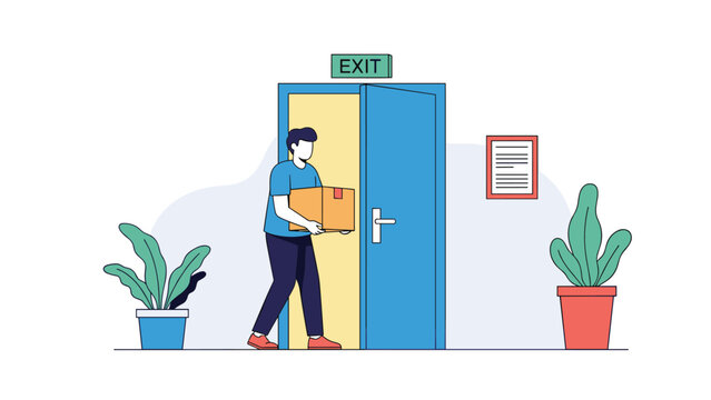 Man in a blue shirt and dark trousers carries a cardboard box through an open blue door under a green exit sign in a modern office.