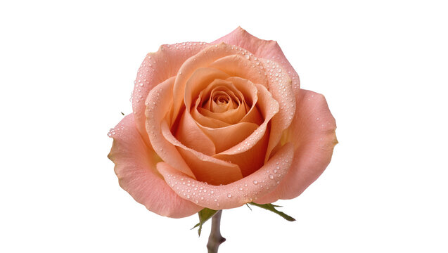 Vibrant peach rose bloom with water droplets isolated on transparent background, perfect for elegant floral designs