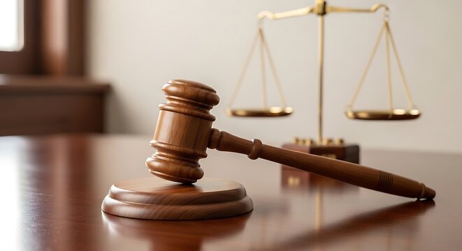 Wooden judge gavel and scales of justice on desk in courtroom
